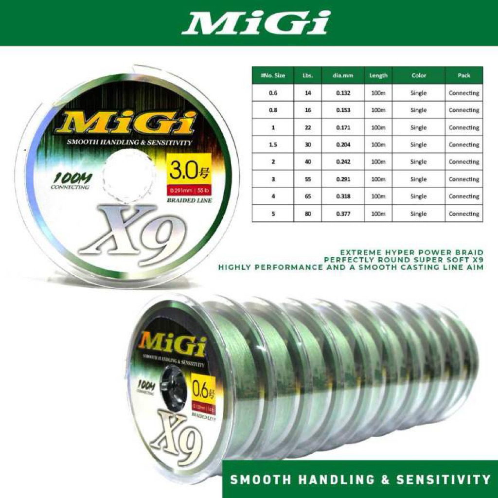 Senar PE MIGI X9 Conecting 100M PE 0.8, 1.0, 1.5, 2.0, 2.5, 3.0