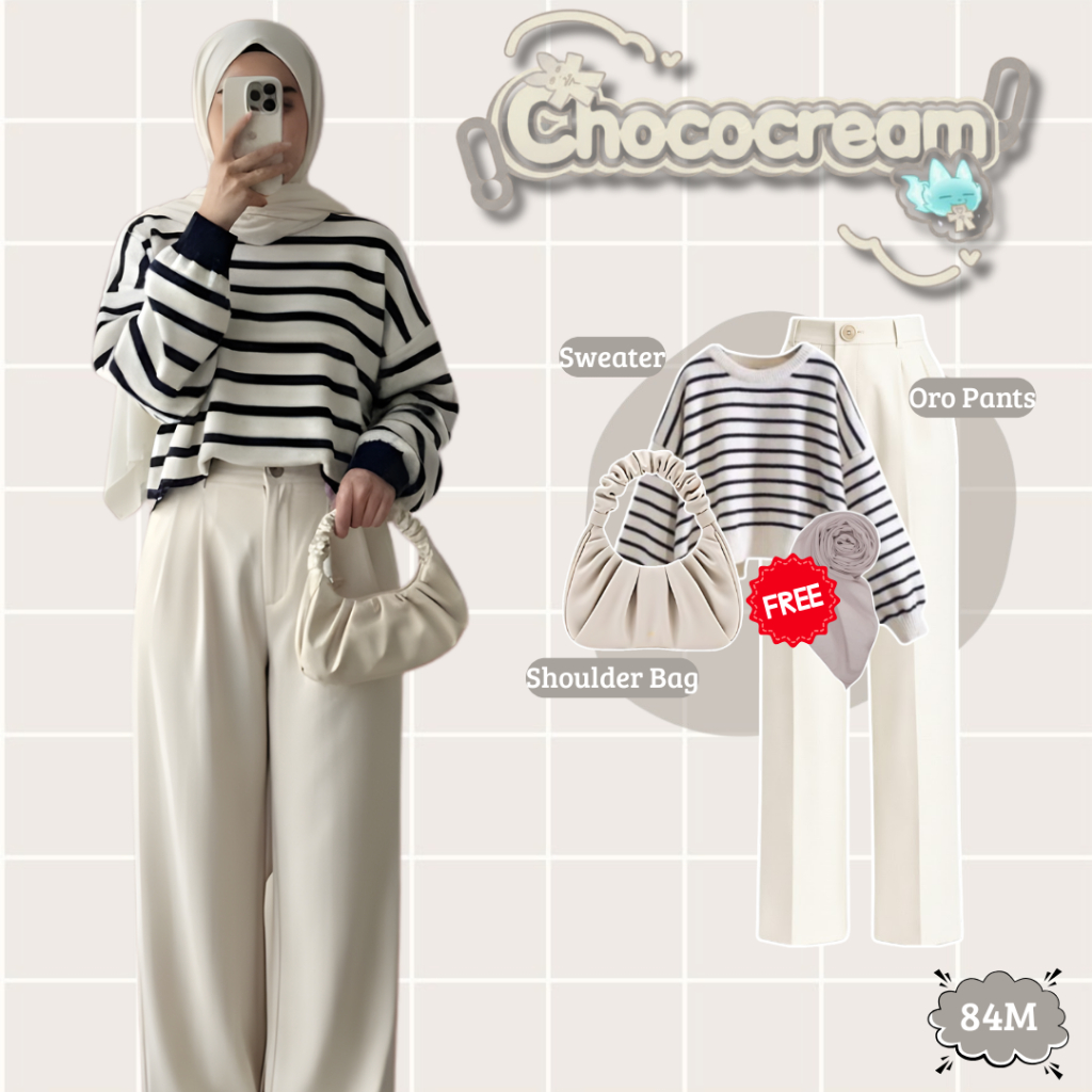 One Set 4in1 Wanita Hijab Kekinian - ( Oro Pants + Sweater + Shoudler Bag ) OOTD Kekinian Wanita 84M