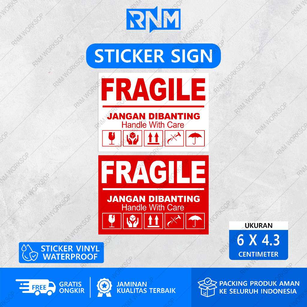 STICKER FRAGILE PUTIH ATAU MERAH 6 X 4.3 ISI 50 PCS | LANDSCAPE