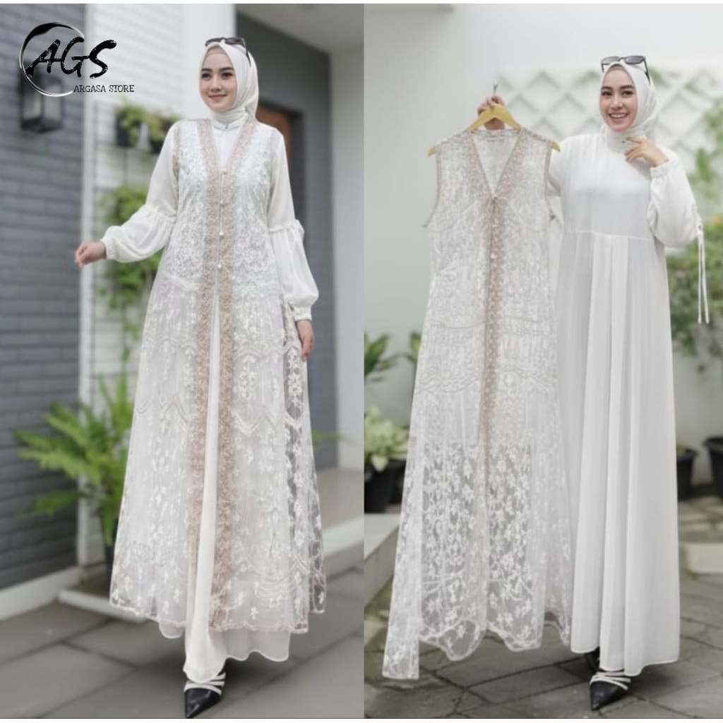 (XL-XXXL)NAURA Dress JUMBO Ceruty Babydoll Premium Outer Burkat Renda Gamis Outer Pisah Elegant mewa