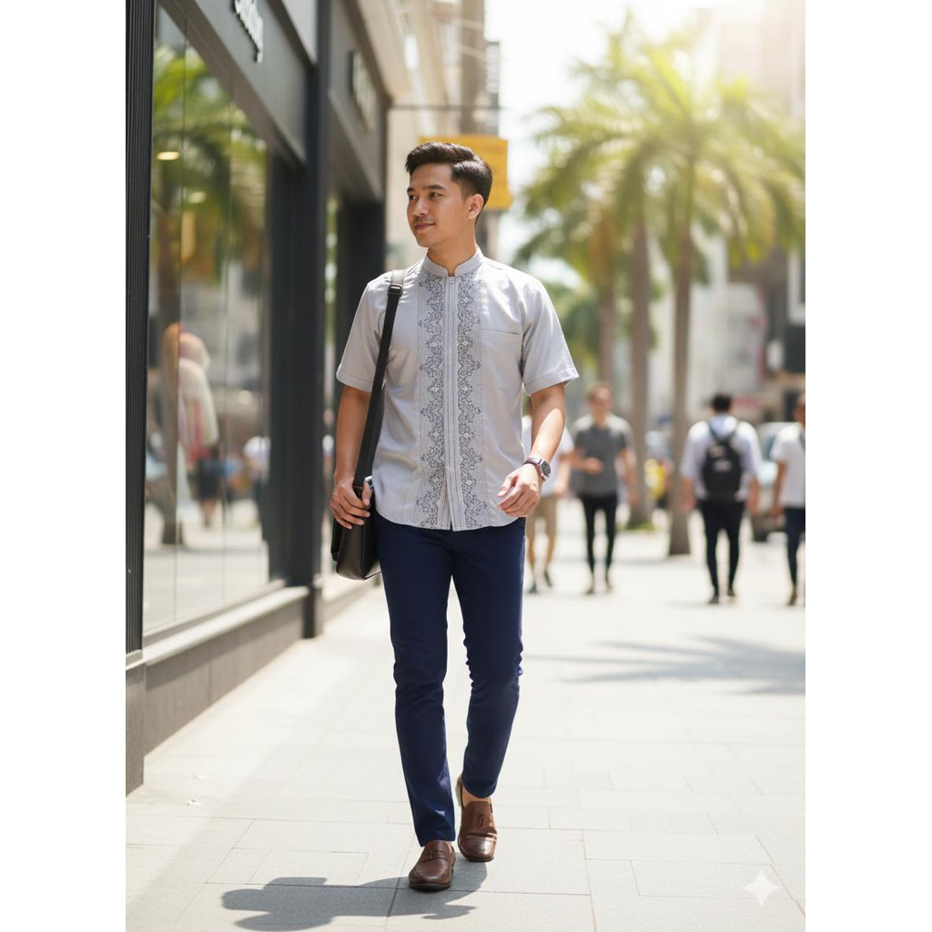 Baju Koko Pria Bordir Premium Lengan Pendek – Koko Muslim Modern Warna Abu Silver