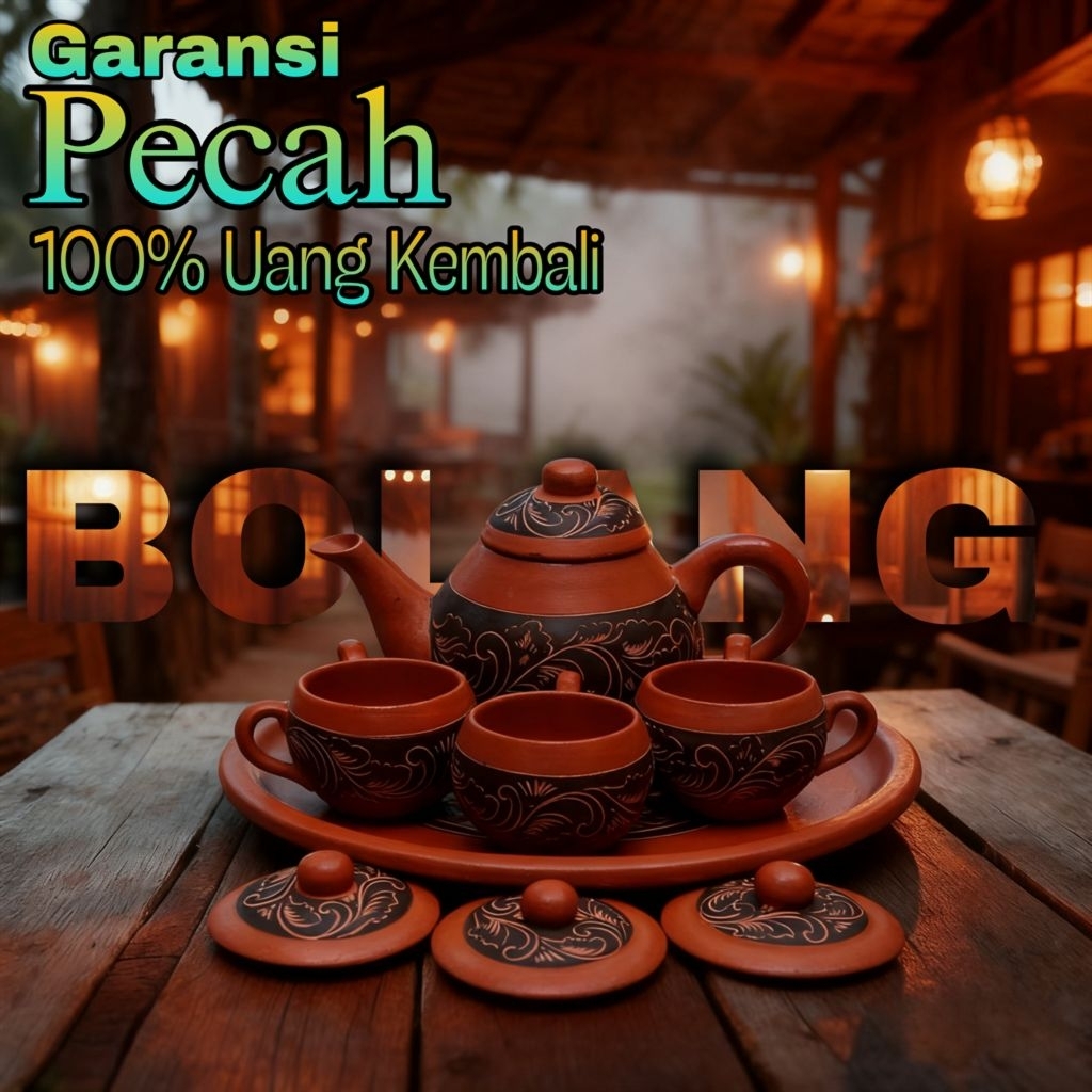 Teko Poci Tanah Liat 1 Set Klasik Jadul Tempo Doeloe - Poci Teh Tanah Liat Motif Klasik Jadul SK5