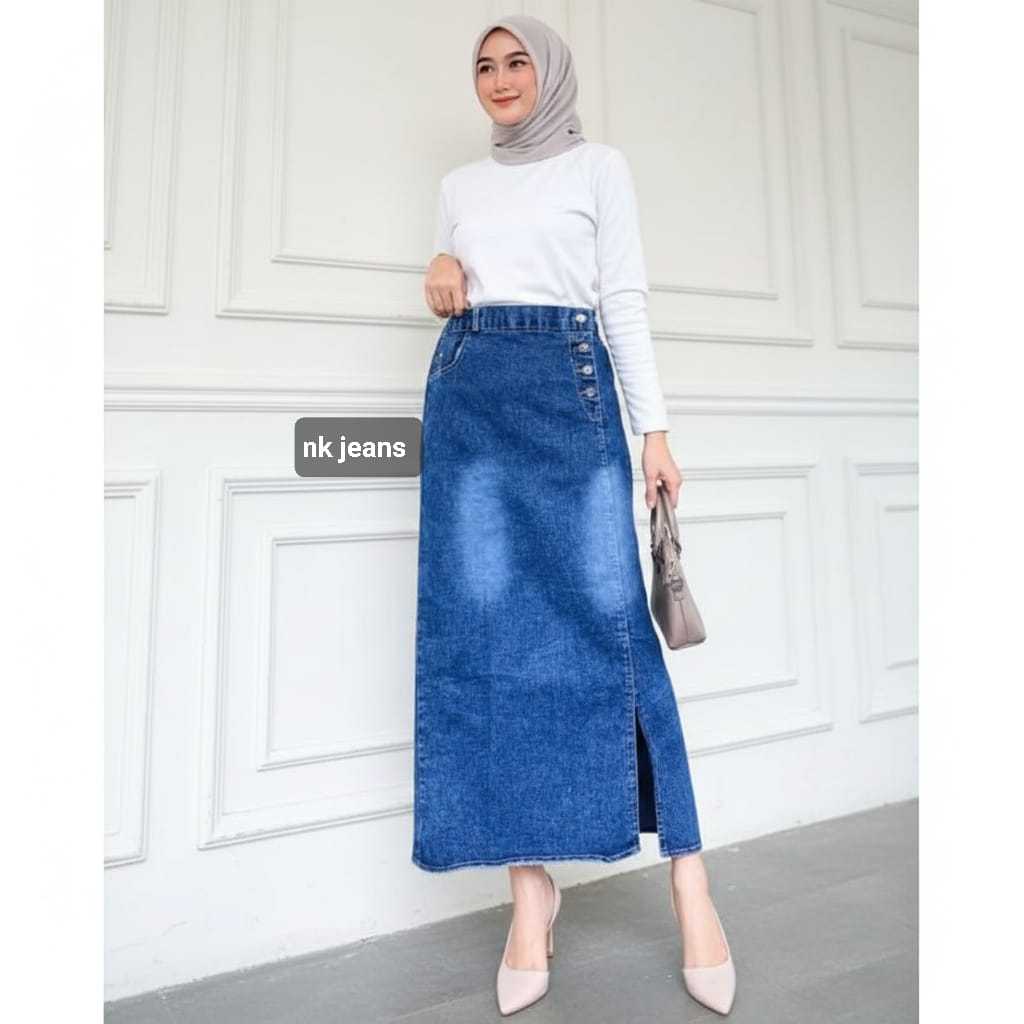 Rok Jeans Sepan Maxi Skirt Wanita Panjang Highwaist Tebal Nyaman Kekinian Fashionable Rebeca
