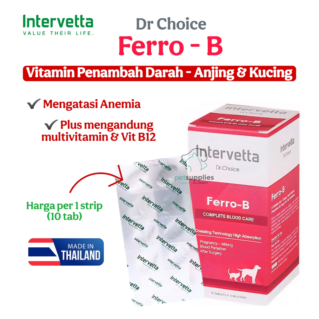 Intervetta Ferro B - Vitamin Anemia Penambah Darah Anjing Kucing Plus Vitamin B12 - Harga 1 strip 10
