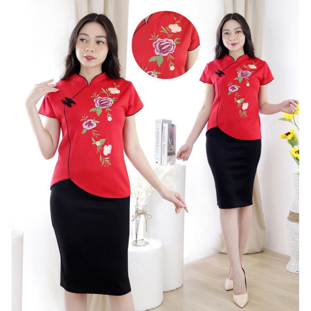 atasan baju cheongsam Shanghai Imlek wanita bahan scuba