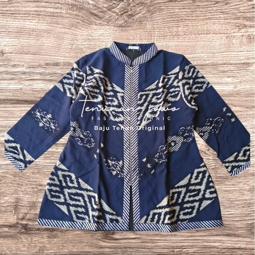 Atasan Tenun Kombinasi Lurik Blouse Formal Terbaru Etnik Navy