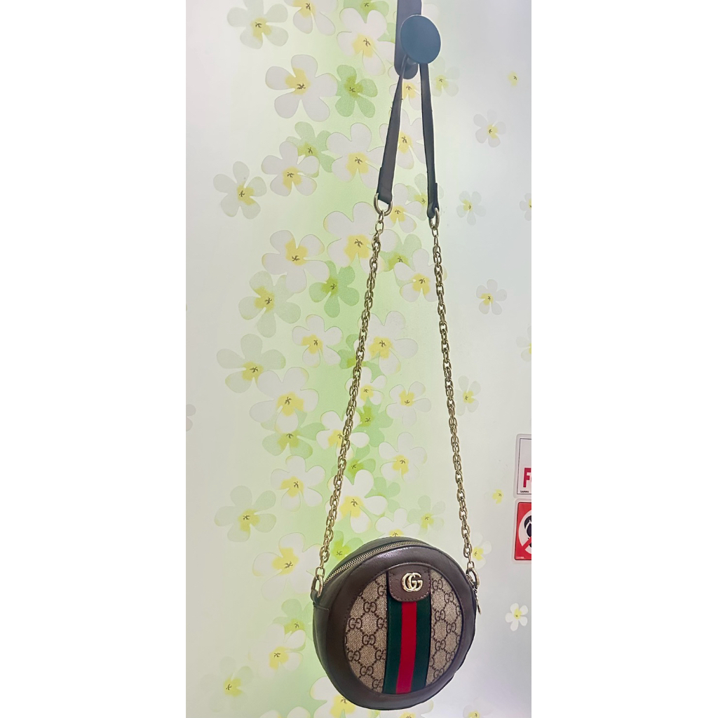 tas Preloved Gucci Ophidia Mini GG Round Shoulder Bag in beige and ebony GG Supreme canvas with gold