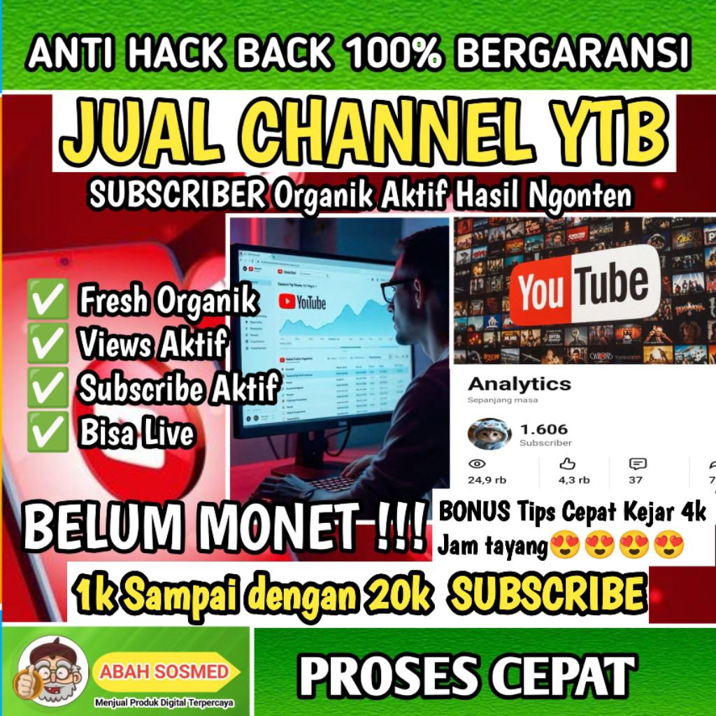 Jual Channel YouTube/ Akun YouTube Murah, Subscribe Organik Hasil konten