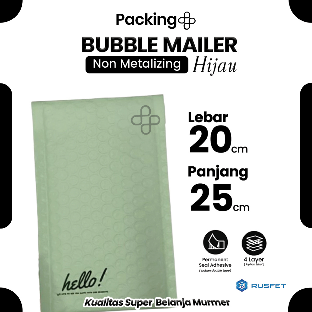 Amplop Bubble Mailer Hijau 20 x 25 cm Rusfet Premium Satuan / Ecer Murah Hello Series