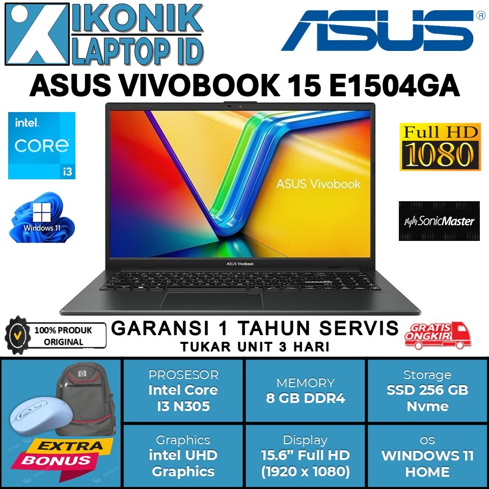 Laptop Murah Slim Asus Vivobook 15 E1504GA Intel Core i3 N305 Ram 8GB 256GB 15.6" FHD Windows 11 Ori
