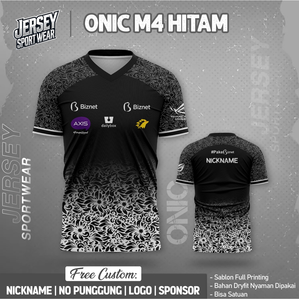 Jersey Gaming Custom Onic M4 Hitam Pendek Free Custom Nama & No Punggung Full Printing