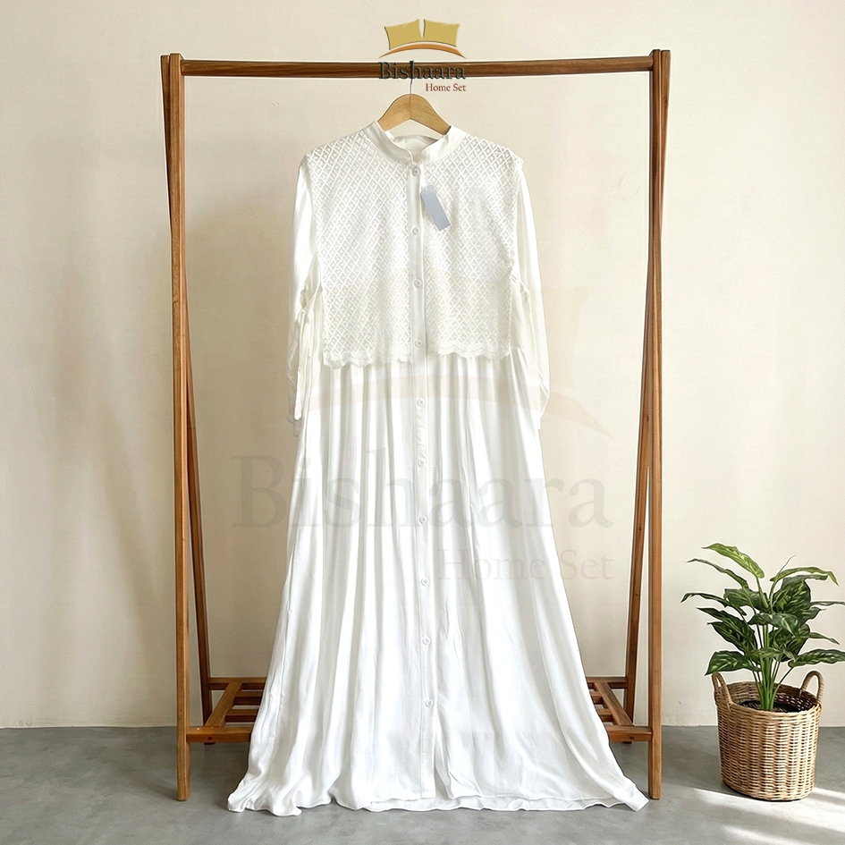 Gamis Dress Broket Putih Lengan Balon Busui Friendly II Raya Dress Brukat II Baju Gamis Dress Lebara