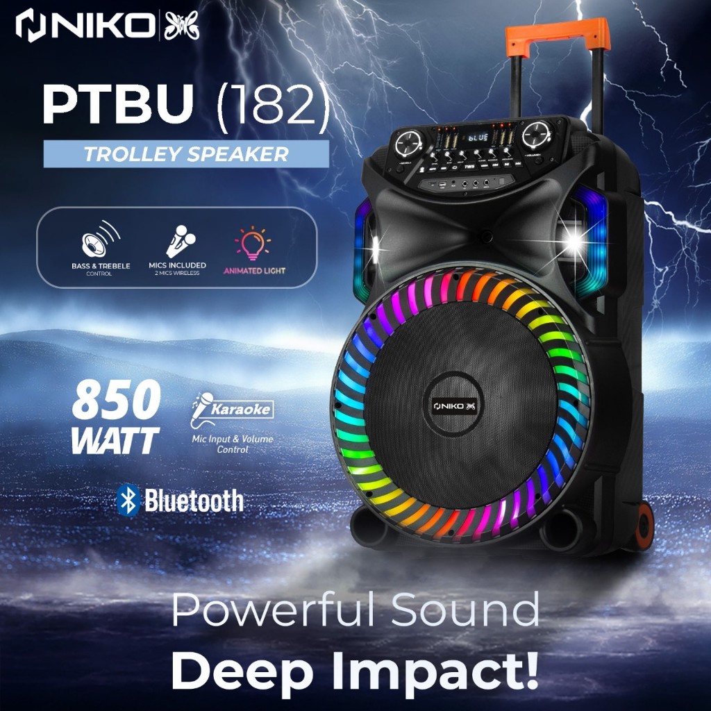 Niko Trolley Speaker Bluetooth 18 inch Extra Bass Speaker PTBU 182 Free Mic Wireless