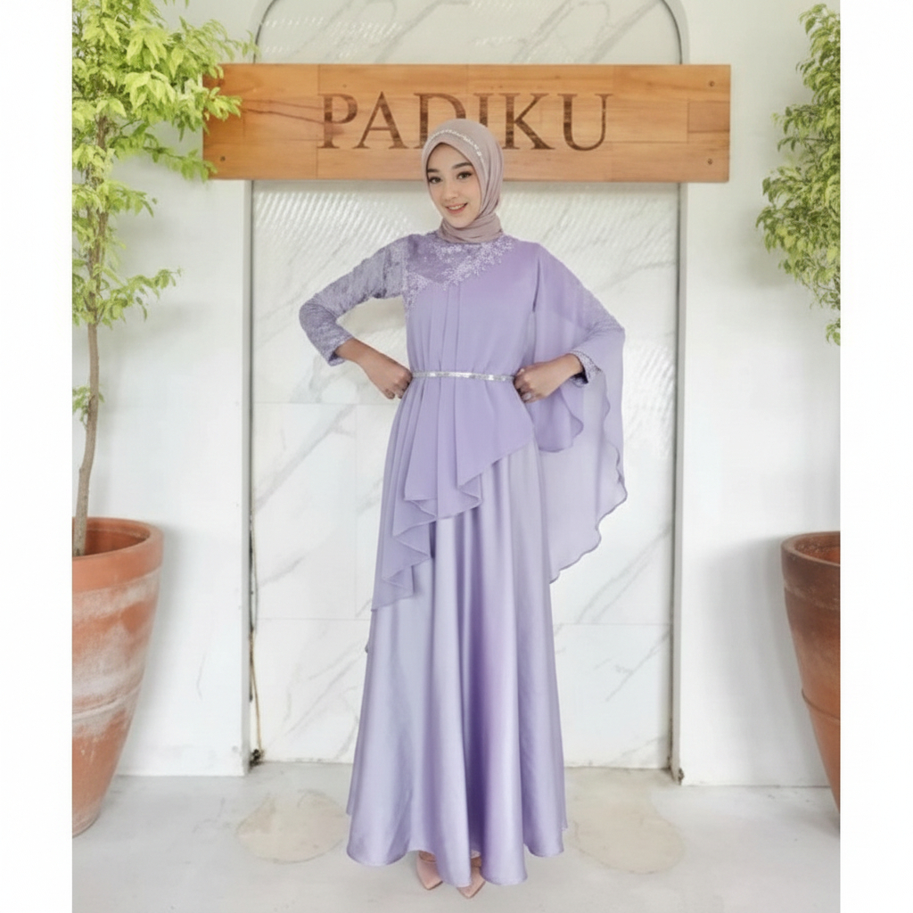Rizkiya Dress 10 in 1 LOOK Gamis Muslim Satin Brokat Kombinasi Selendang Ceruti Viral Baju Pesta Bri