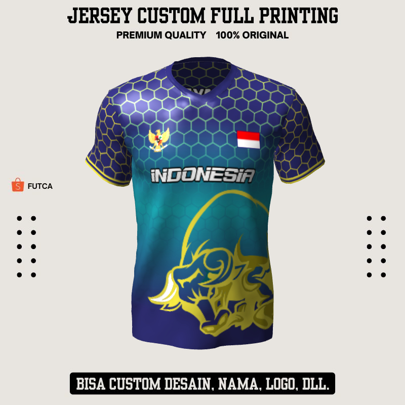 Kaos Jersey Futsal Biru Tosca Motif Honeycomb Banteng 623 - Jersey Sepakbola Bisa Custom