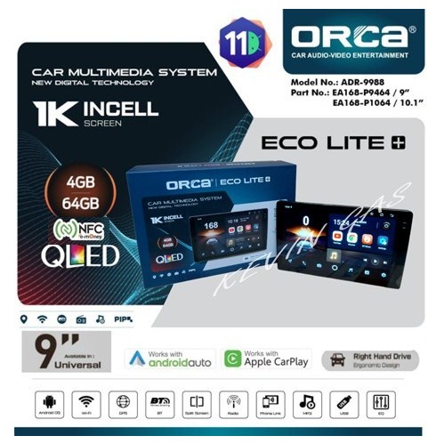 Head Unit TV Android 9 inchi ORCA ECO LITE+ PLUS NFC Layar HD 1K QLED RAM 4GB ROM 64 GB