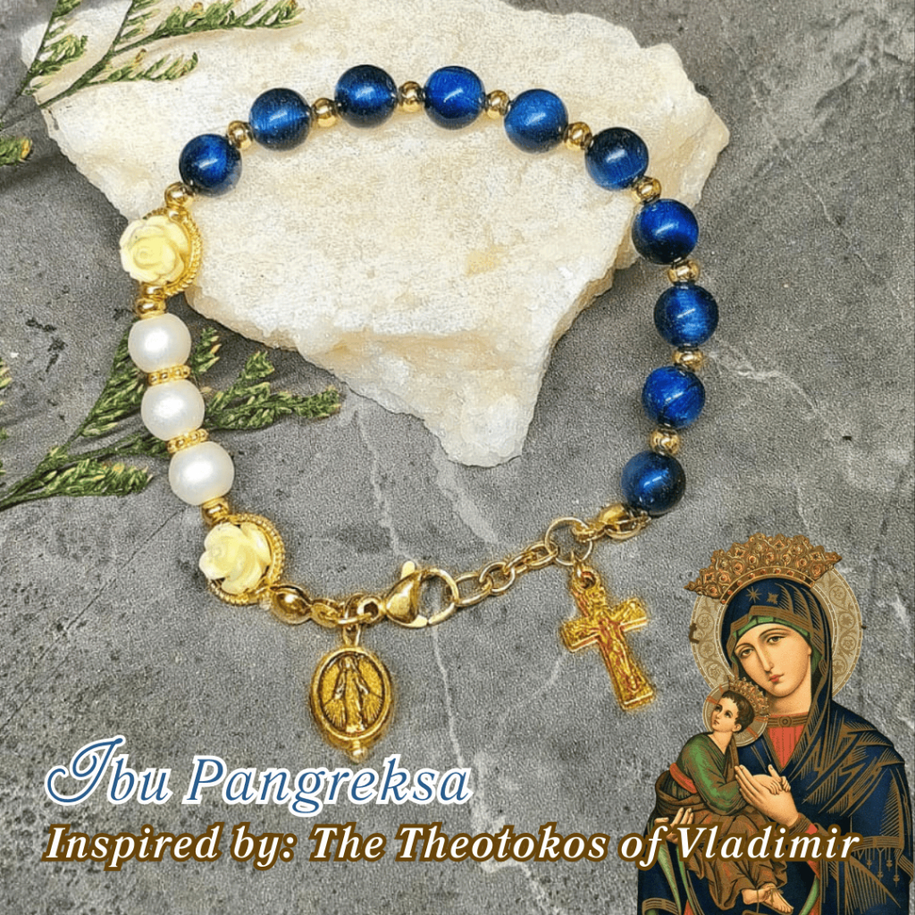 Gelang Rosario Maria dan Bayi Yesus Theotokos dari Vladimir Gelang Kristal / Batu Alam Asli Blue Tig