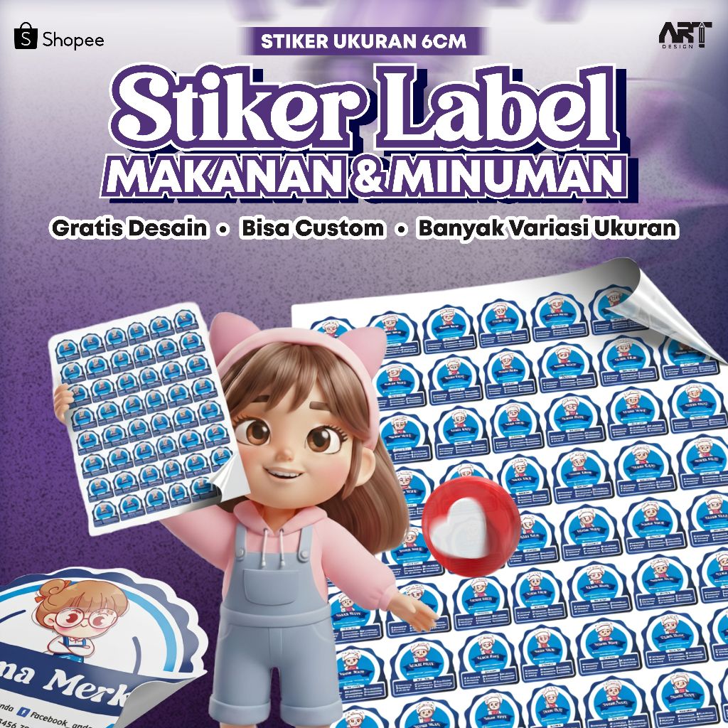 Stiker label makanan & minuman/kue/roti/snack kotak makanan,kerdus makanan ukuran 6cm custom bahan b