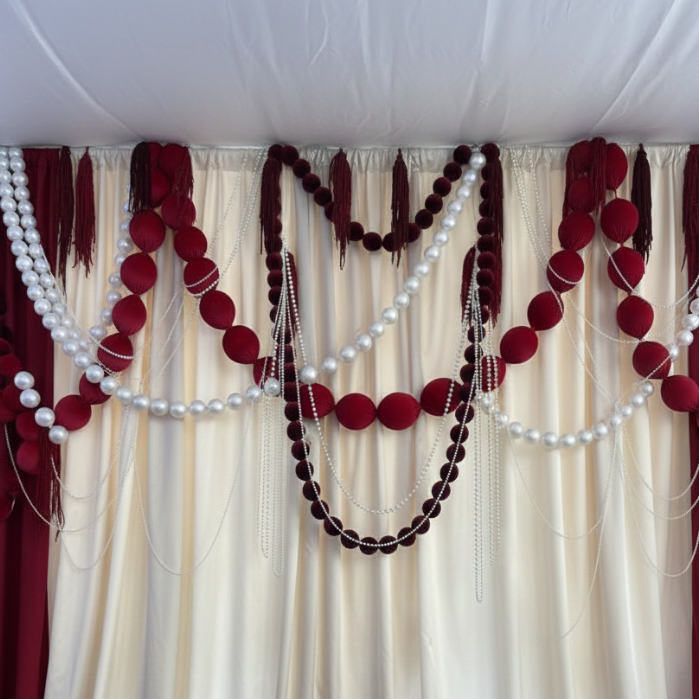 Ignesia Dekorasi Giant Pearl Backdrop Gantung Mutiara Renteng Untuk Pesta Pernikahan HUT Bludru