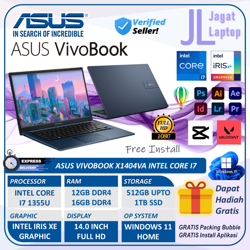 Asus Vivobook 14 Intel Core i7 Ram 16GB 1TB SSD 14 inch Full HD Windows 11 Home - Laptop Kerja