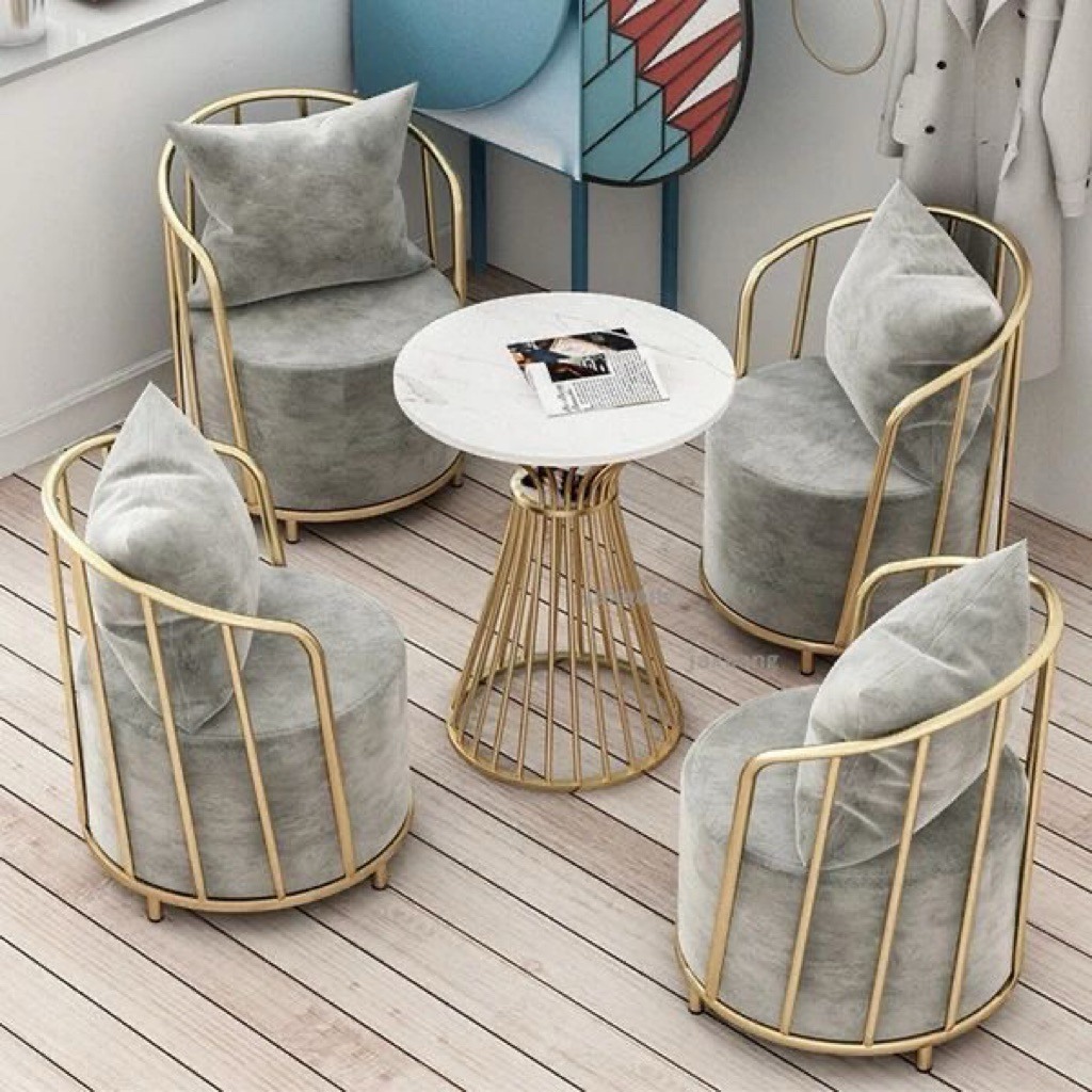 Kursi Teras Besi Gold Minimalis Modern Set 4 Kursi Meja Bulat