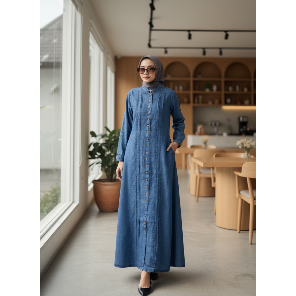 DIDEN GO Gamis Nuansa Dress Denim Collection Kancing Seribu