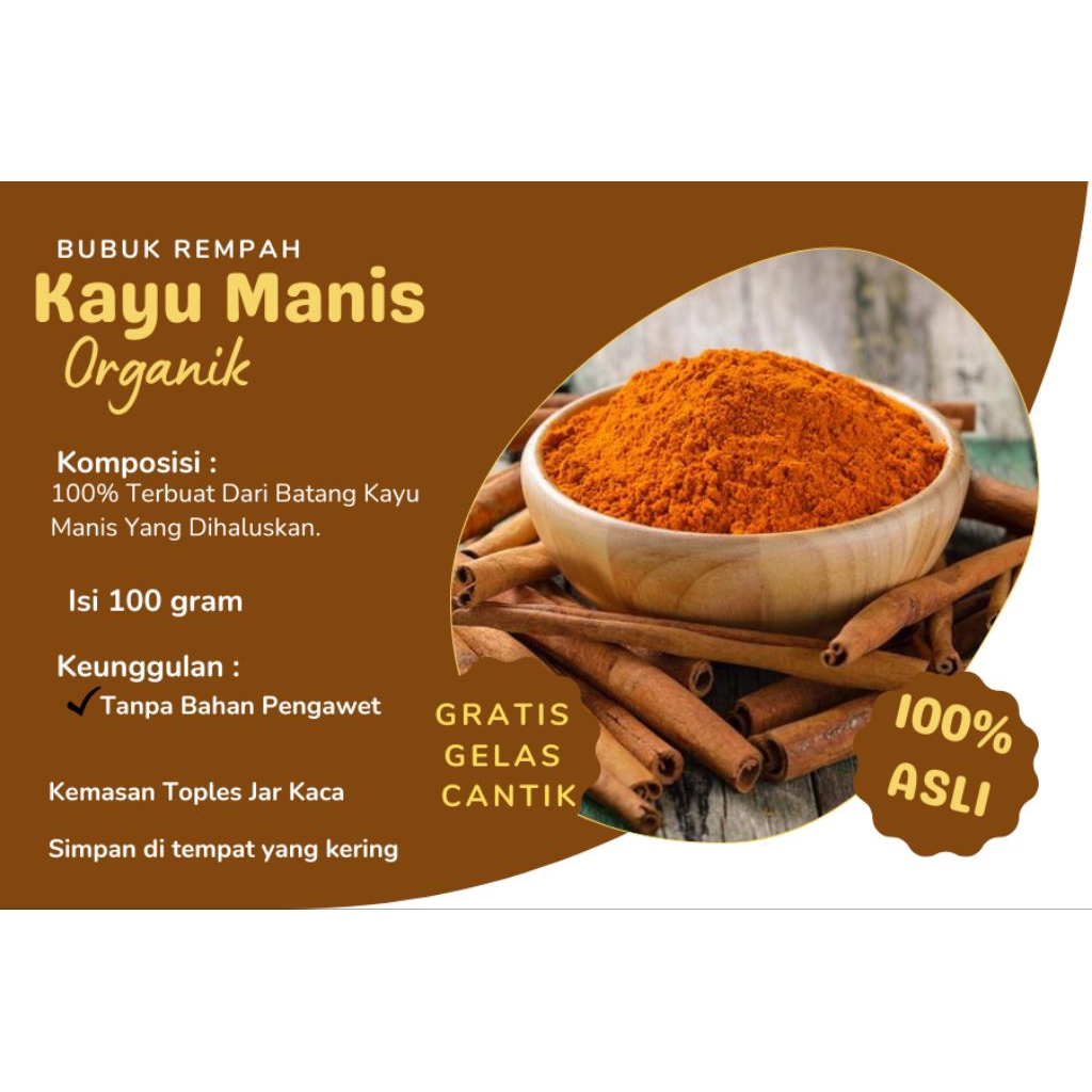 Bubuk Batang Kayu Manis Organik 100 Gram Gratis Gelas Cantik
