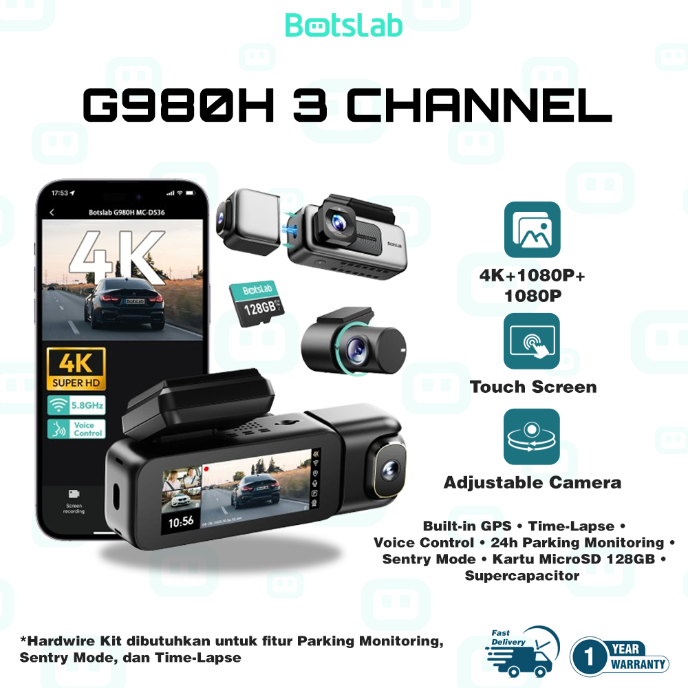 Botslab Dash Cam G980H 3 Channel 4K Dash Cam Front and Rear Inside 3.18" Touch Screen