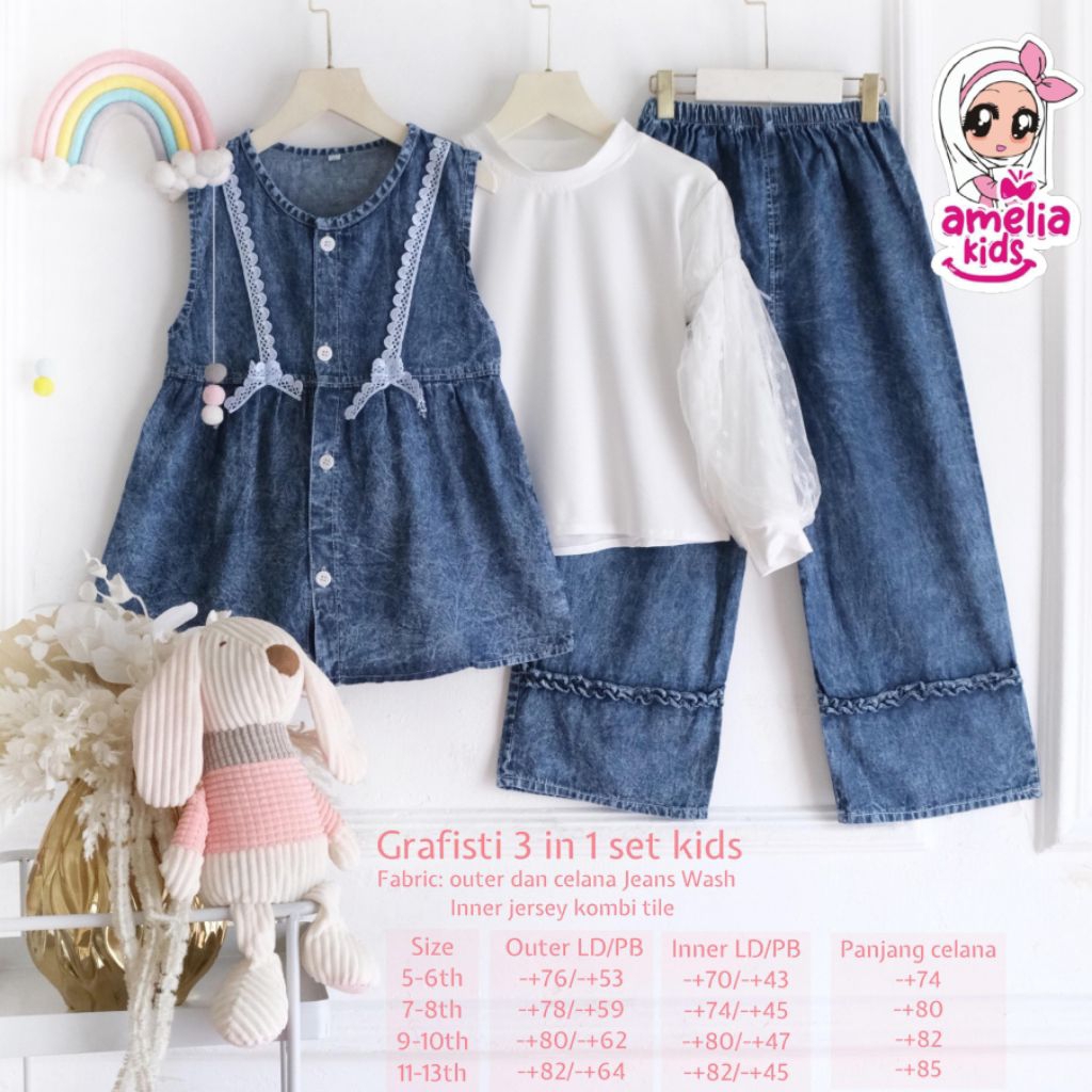 GRAFISTY SET 3IN1 ANAK CEWEK BY AMELIA KIDS ORIGINAL REALPICT / SETELAN ANAK CEWEK 7-8 tahun BEST SE