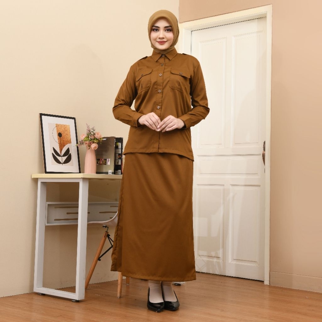 Seragam Dinas PNS Khaki Wanita Setelan Rok Span