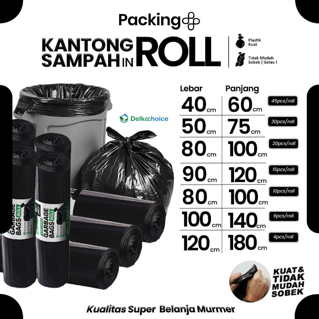 Kantong Kresek Plastik Sampah Per-Roll / Plastic Trash Bag / Garbage Bags Hitam Tebal Delkochoice