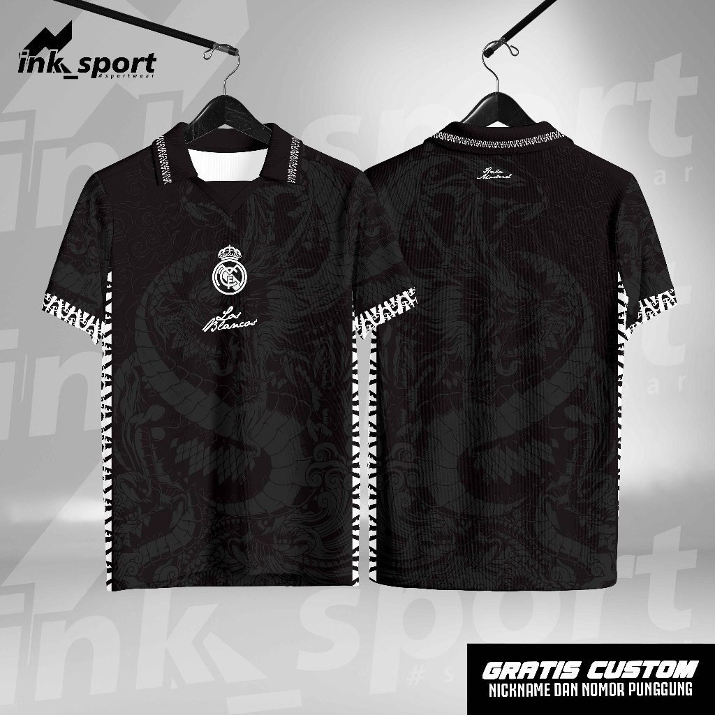 JERSEY RETRO REAL MADRID NAGA HITAM  FULL PRINTINGG JERSEY FANTASY