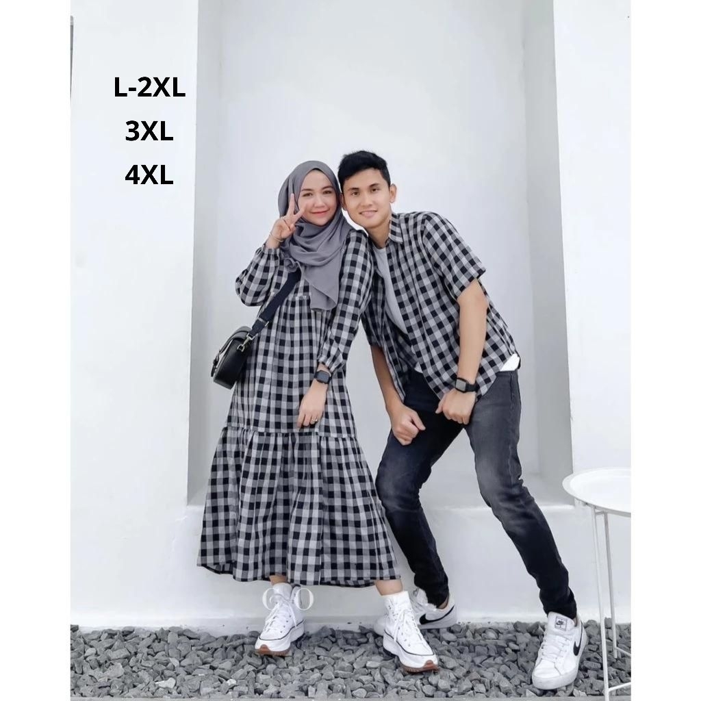 Couple Gamis Dan Kemeja Kotak Kotak Lebaran Pasangan Kekinian Jumbo ld 110 120 130 Kondangan Suami I