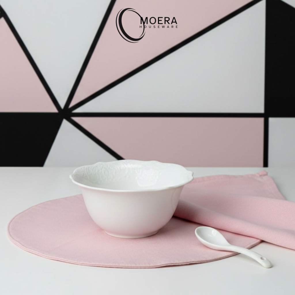MOERA Mangkok Nasi Sup Bunga Keramik Premium Putih Diameter 16cm / Mangkuk Aurelia Lace Hotelware se