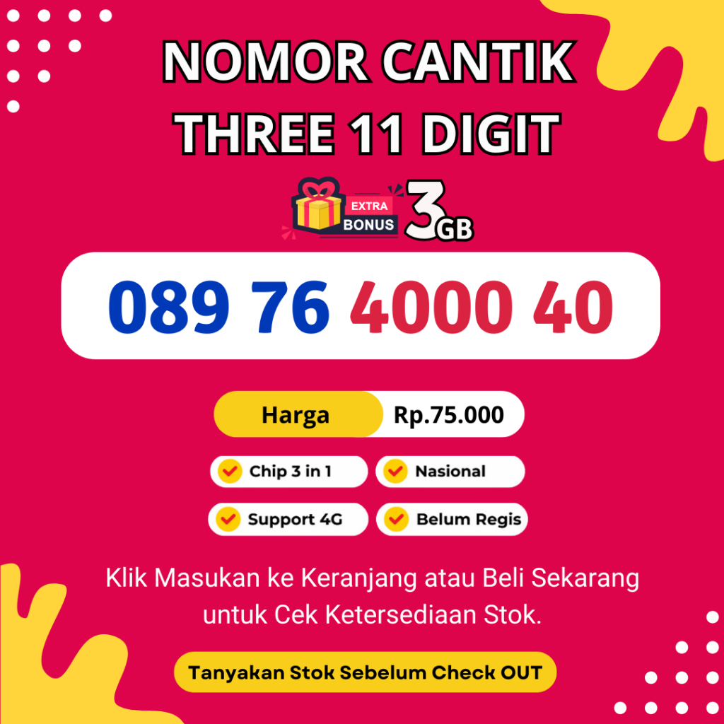 Nomor Cantik Tri 11 DIGIT Seri Ribuan Murah Rapi Bonus Kuota 3GB - Nomor Cantik Tri Support 4G LTE -