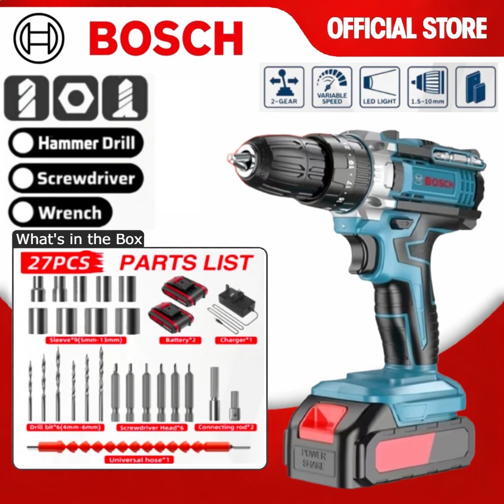 [2025 BARU][BOSCH Cordless Hand Drill / Bor Tembok Baterai (2 Set Baterai) - Bor Listrik Set Lengkap