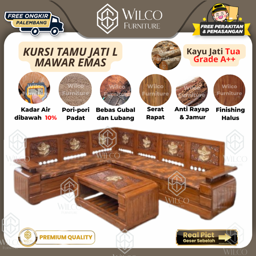 Kursi Tamu Sudut L Jati Mawar Emas Minimalis | Sofa Kursi Ruang Tamu L Sudut Jati