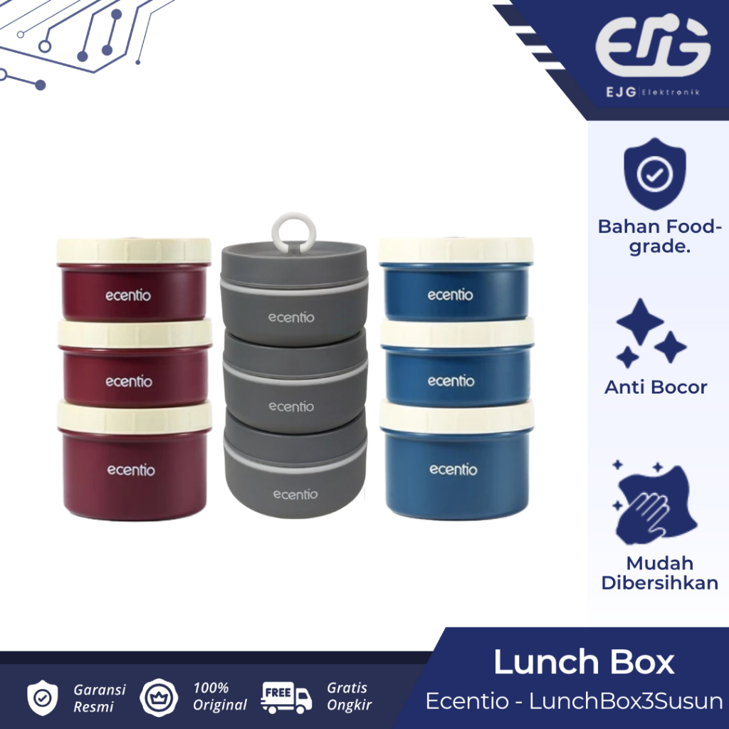 Ecentio Lunch Box Set 3pcs Round Stainless Rantang Susun Lunch Box Mangkok Sup Multifungsi