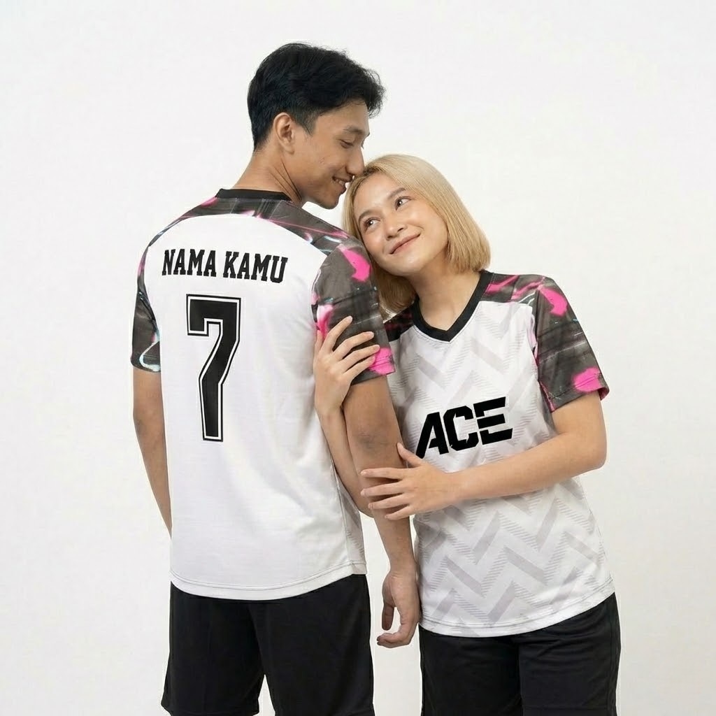 Jersey Futsal Seragam Tim Unisex Putih Zigzag Lengan Hitam Pink