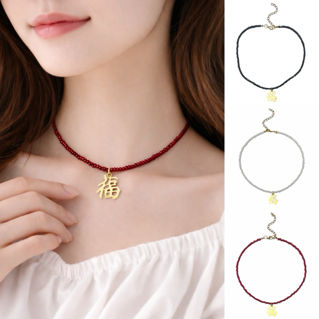Xiyu Fu Beads Necklace Kalung Liontin Chinese Imlek CNY Edition Lunar New Year Hoki