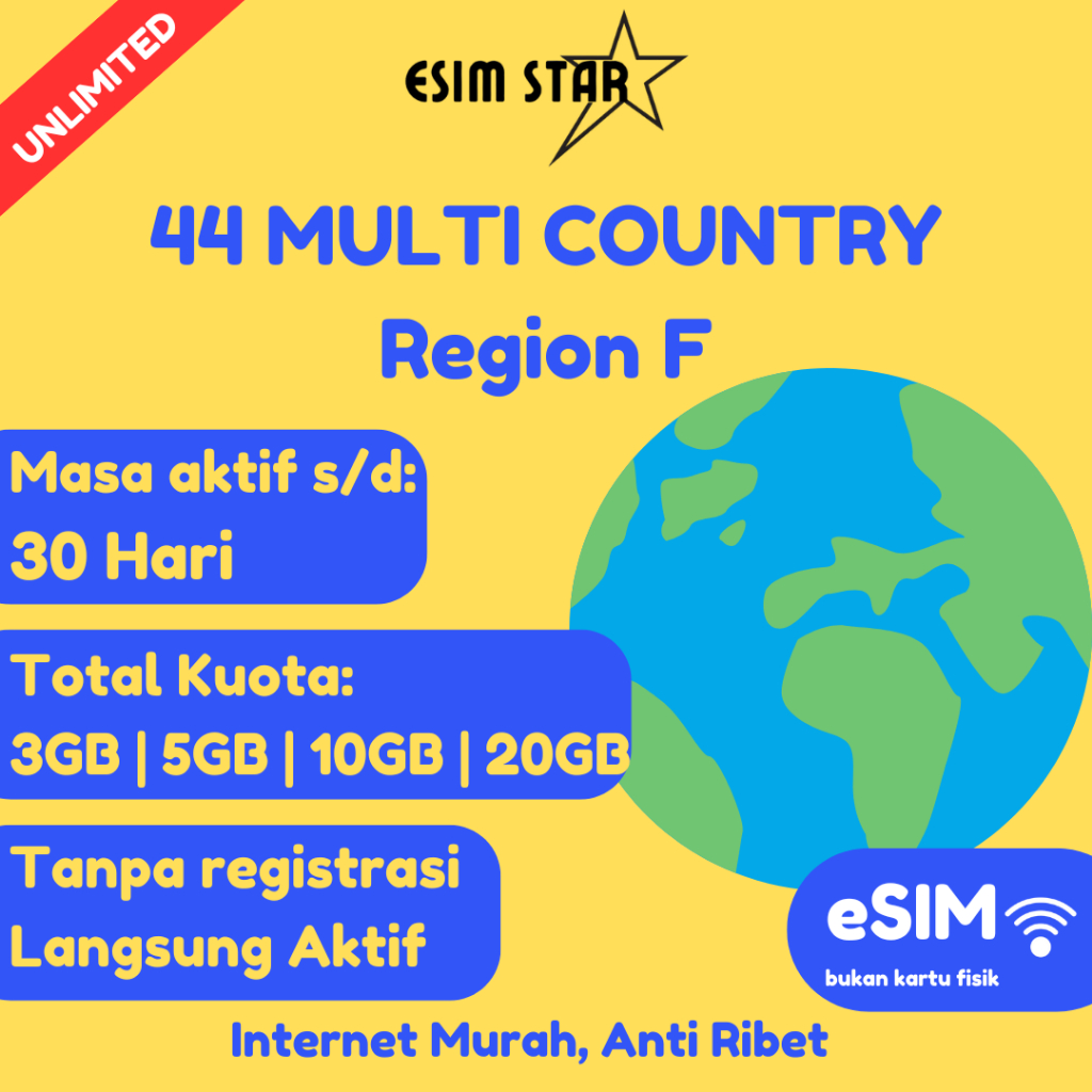 esimstar - ESIM 44 MANCA NEGARA Region F | Multi Country ESIM | Travel SIM | Big Data | Internet Roa