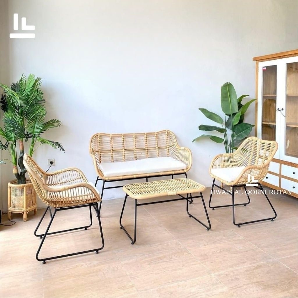 UWAIS ROTAN Sofa Cafe Tamu 211 Seater Rotan Aesthetic - Sofa 2 Dudukan, 1 Kursi Single + Meja Rotan