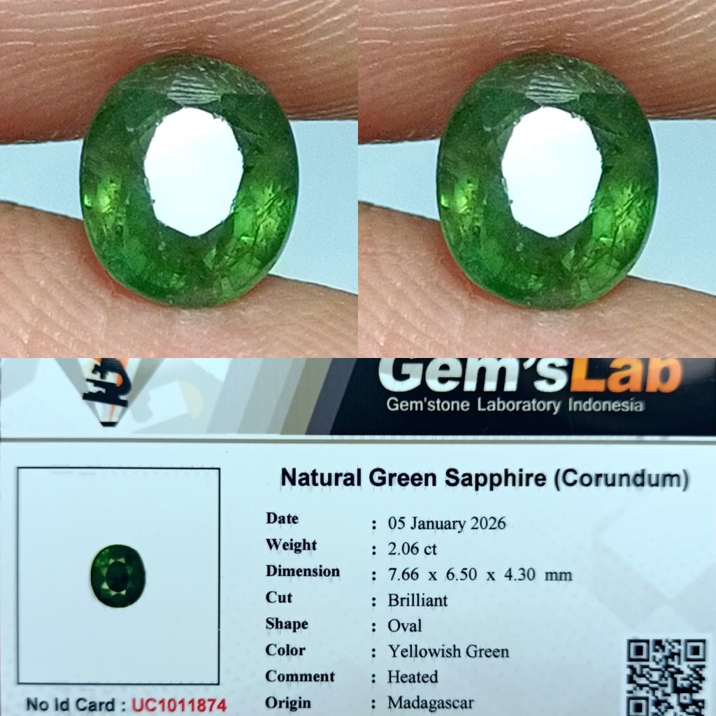 NATURAL GREEN SAPPHIRE HEATED YELLOWISH GREEN MADAGASCAR MEMO ID GLI LAB