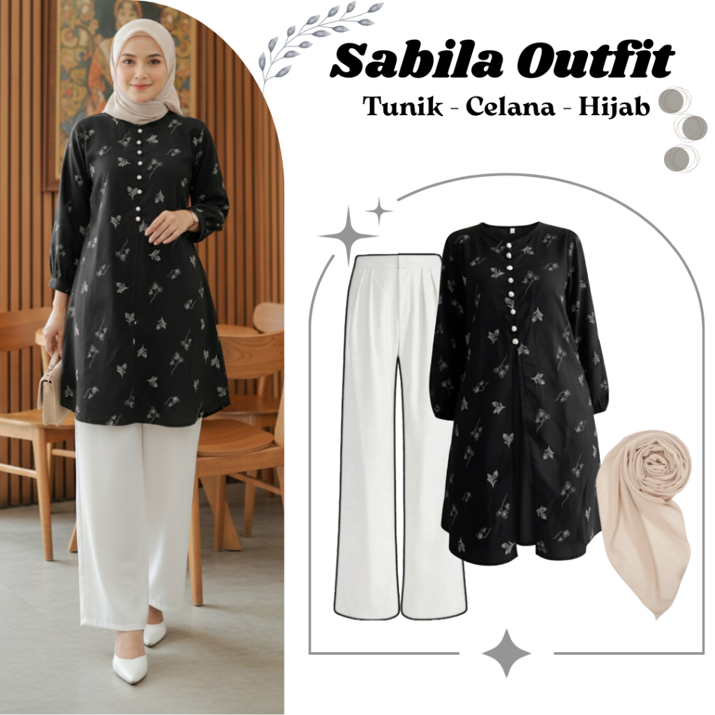 Sabila Outfit Wanita Kekinian  ( Atasan Tunik + Bawahan Celana + Hijab ) OOTD Hijab Style l TM117