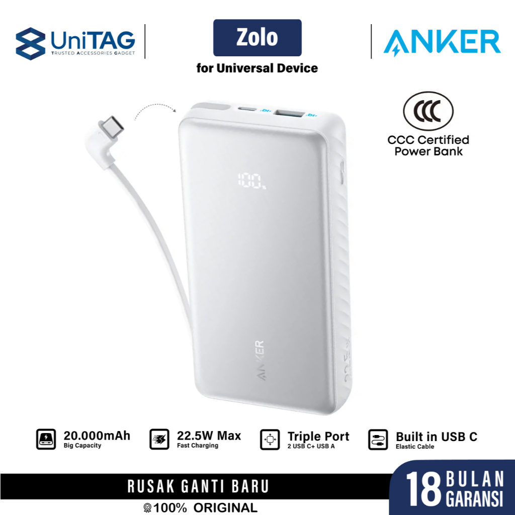 Anker Powerbank Built-in USB C Cable 20000mAh Zolo - White A110EH21