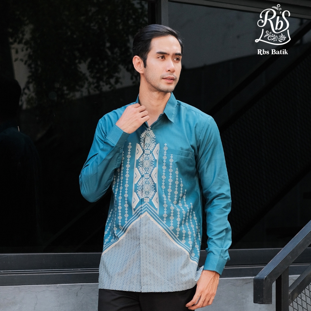 RBS Batik - Kemeja Batik Pria Virasaka Slimfit Lapis Furing Warna Hijau Tosca Kombinasi Cream