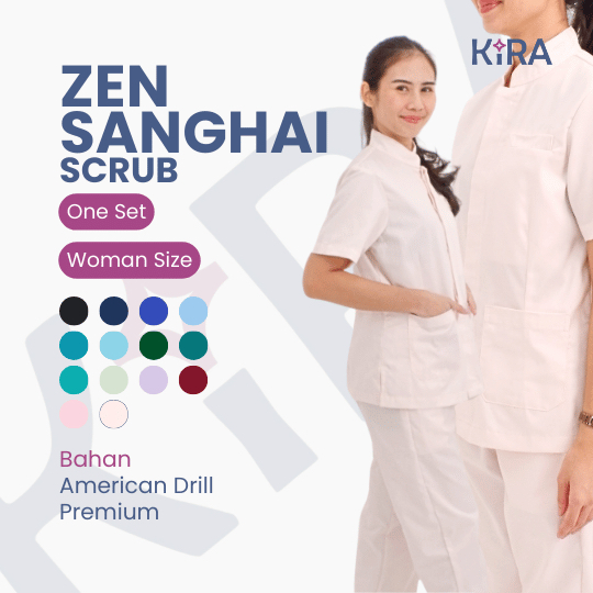 ZEN SHANGHAI SCRUB WANITA Baju Medis Kerah Shanghai /Baju Jaga/Baju Oka/American Drill/Kira Scrub