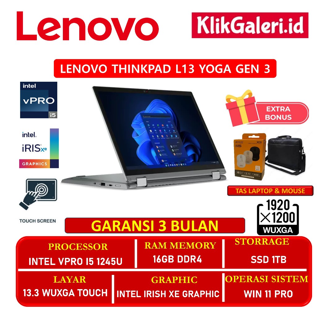 Laptop Mahasiswa Lenovo Thinkpad L13 Yoga Gen 3 Intel Vvpro I5 1245U 16GB 1TB Win11Pro EX DISPLAY