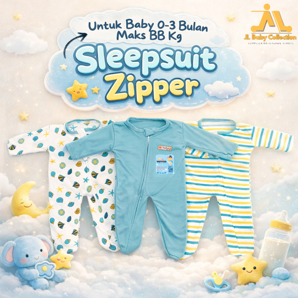Sleepsuit Zipper Baby 0–3 Bulan | Set 3 pcs (2 Motif + 1 Polos) | Baju Tidur Bayi Nyaman - JL Baby
