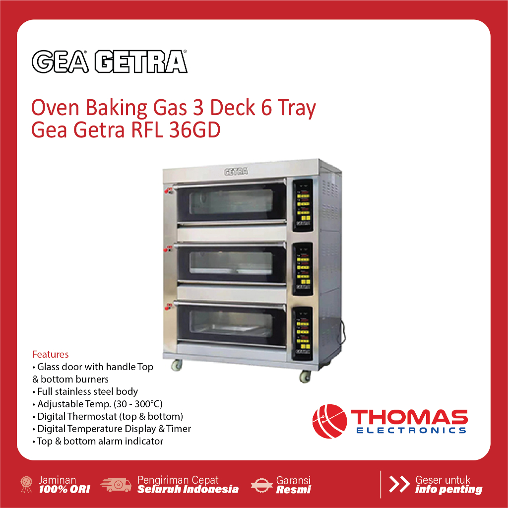Baking Oven Gas 3 Deck 6 Tray 131 Cm Gea Getra RFL36GD RFL 36 GD Digital Temperature Display Stainle